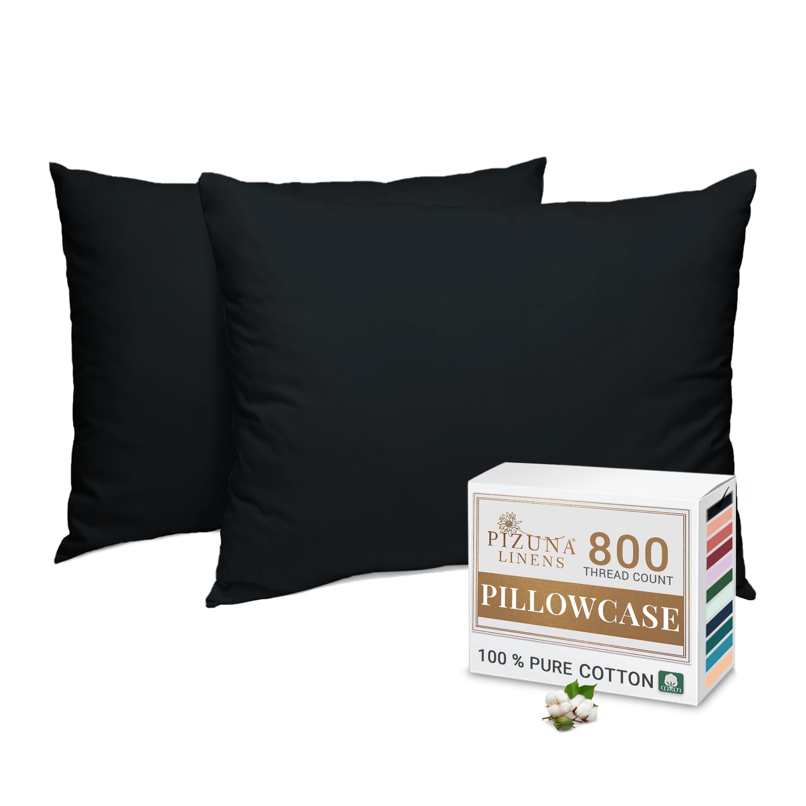 Pizuna Luxurious Cotton Housewife Pillowcases 2 Pack Black 48x74cm, 800 Thread Count Long Staple Combed Cotton Pillow Cover, Crisp Sateen Weave Housewife Pillow Cases (Luxury Pillowcase 2 PC)