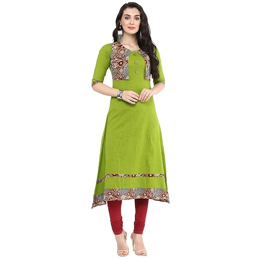 Womens Cotton Jacket Style A-Line Kurta (Green)