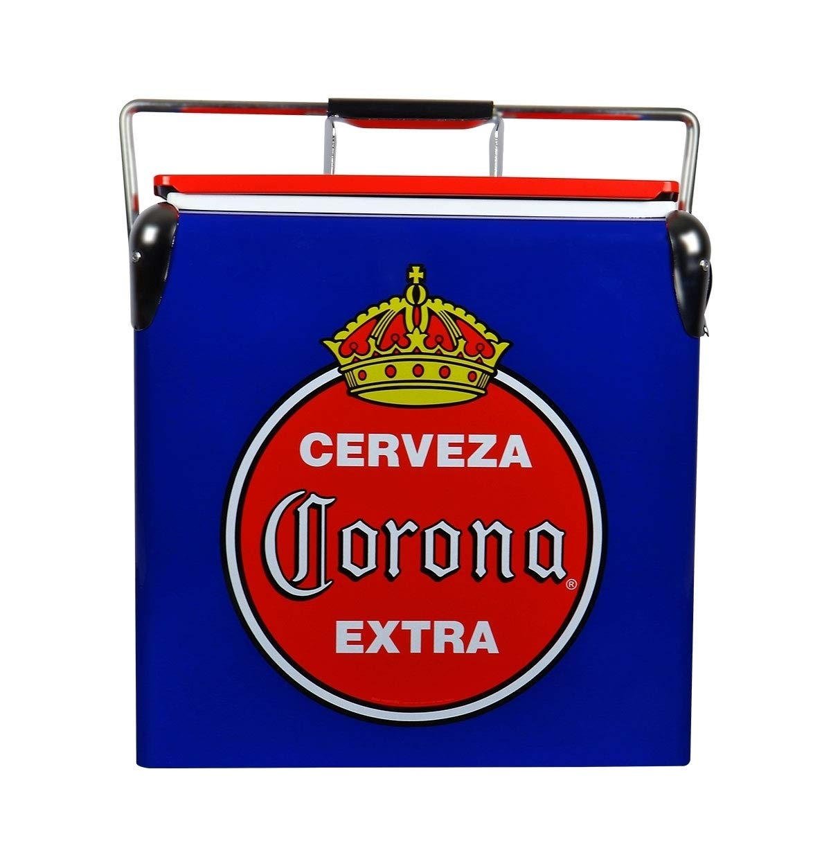 Corona Retro Ice Chest Cooler with Bottle Opener 13 L /14 Quart, Red and Silver, Vintage Style Ice Bucket for Camping, Beach, Picnic, RV, BBQs, Tailgating, Fishing