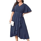 CICIDUDU Plus Size Formal Wedding Guest Cocktail Dresses for Curvy Women Maxi Dress Wrap V Neck Short Sleeve