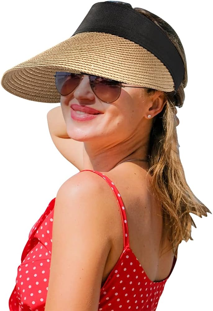 Women Wide Brim Straw Sun Visor Beach Hat Summer UV Protection Sun Hat with Ponytail Hole Roll