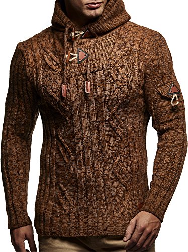 Leif Nelson LN5400 Men s Knitted Pullover With Cozy Hood,Camel Brown,US-M / EU-L