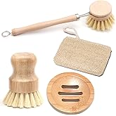 Natural Kitchen Cleaning Brush Set, 4 Pieces, Long Wooden Scrub Brush + Round Bamboo Brush + Soap Dish + Loofah Cleaning Clot