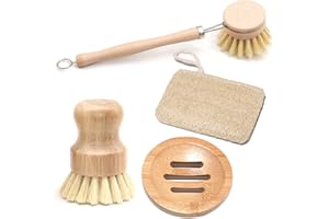 Natural Kitchen Cleaning Brush Set, 4 Pieces, Long Wooden Scrub Brush + Round Bamboo Brush + Soap Dish + Loofah Cleaning Clot