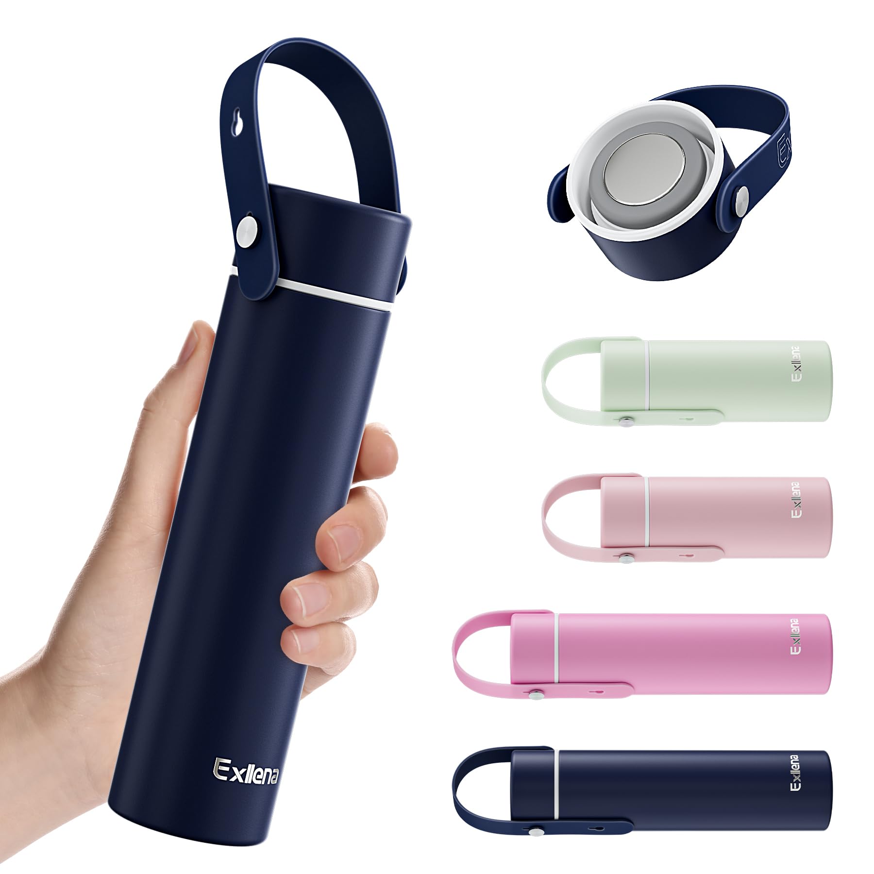 Photo 1 of ?Upgraded?Exllena Small Insulated Water Bottle 10oz with Adjustable Silicone Handle– Small Flask for Hot & Cold Drinks, Leakproof, Ideal for Purse, Lunchbox...(Midnight Sapphire)