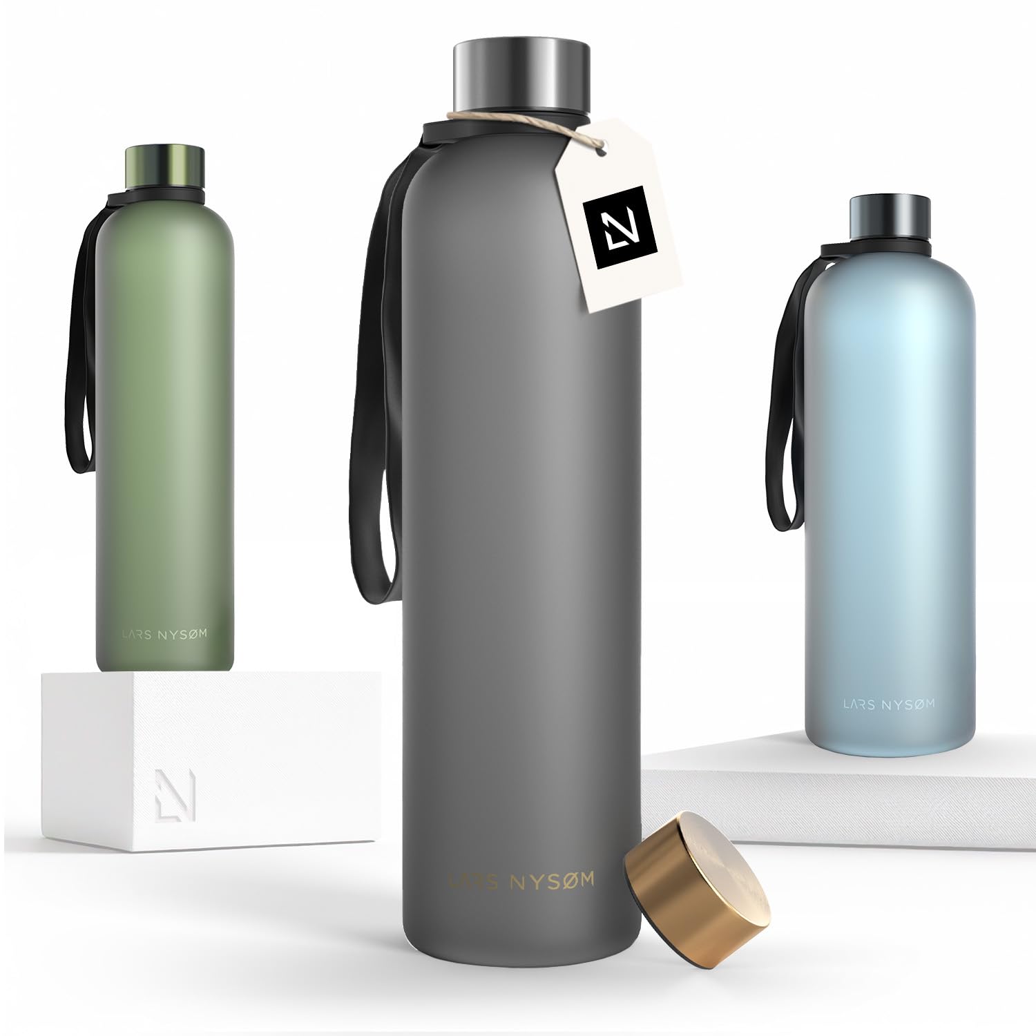 LARS NYSØM Water Bottle 34oz | Drinking Bottle 1 Liter | Ultralight Tritan Sports Flask leak-proof | Ideal for sports, office, yoga | 2 lids included (Gray - Gold, 1000ml)