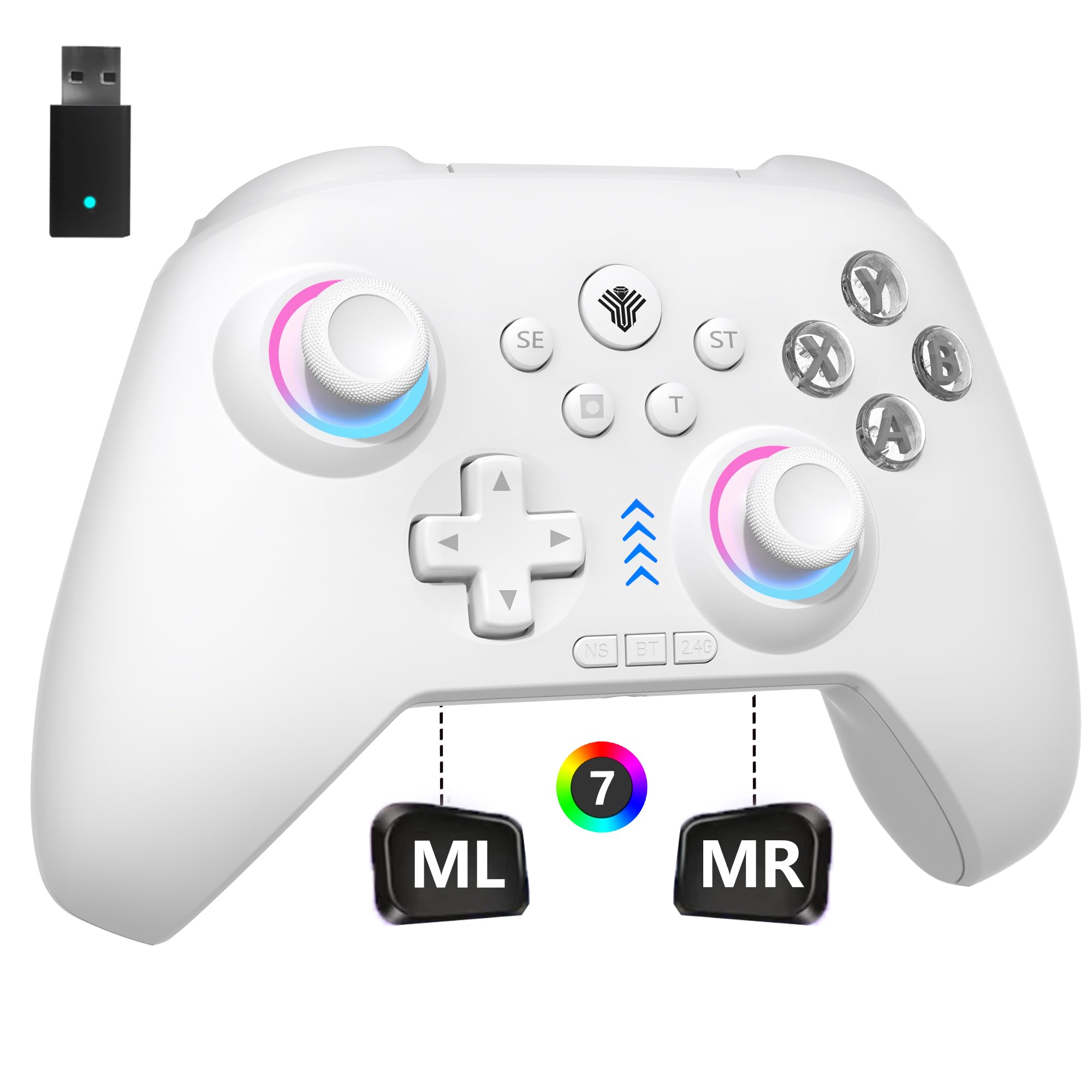 Photo 1 of 2.4G Wireless PC Controller with RGB Lighting/Programming Keys/Hall Joysticks/Hall Triggers/Vibrations,Three-Mode Switch Controller,Plug and Play Work for Windows PC, Android, Switch, Steam,TV (White)
