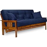 Stanford Futon Set - Full Size Futon Frame with Mattress Included (8 Inch Thick Mattress, Twill Navy Blue Color), More Colors Available, Heavy Duty Wood, Popular Sofa Bed Choice