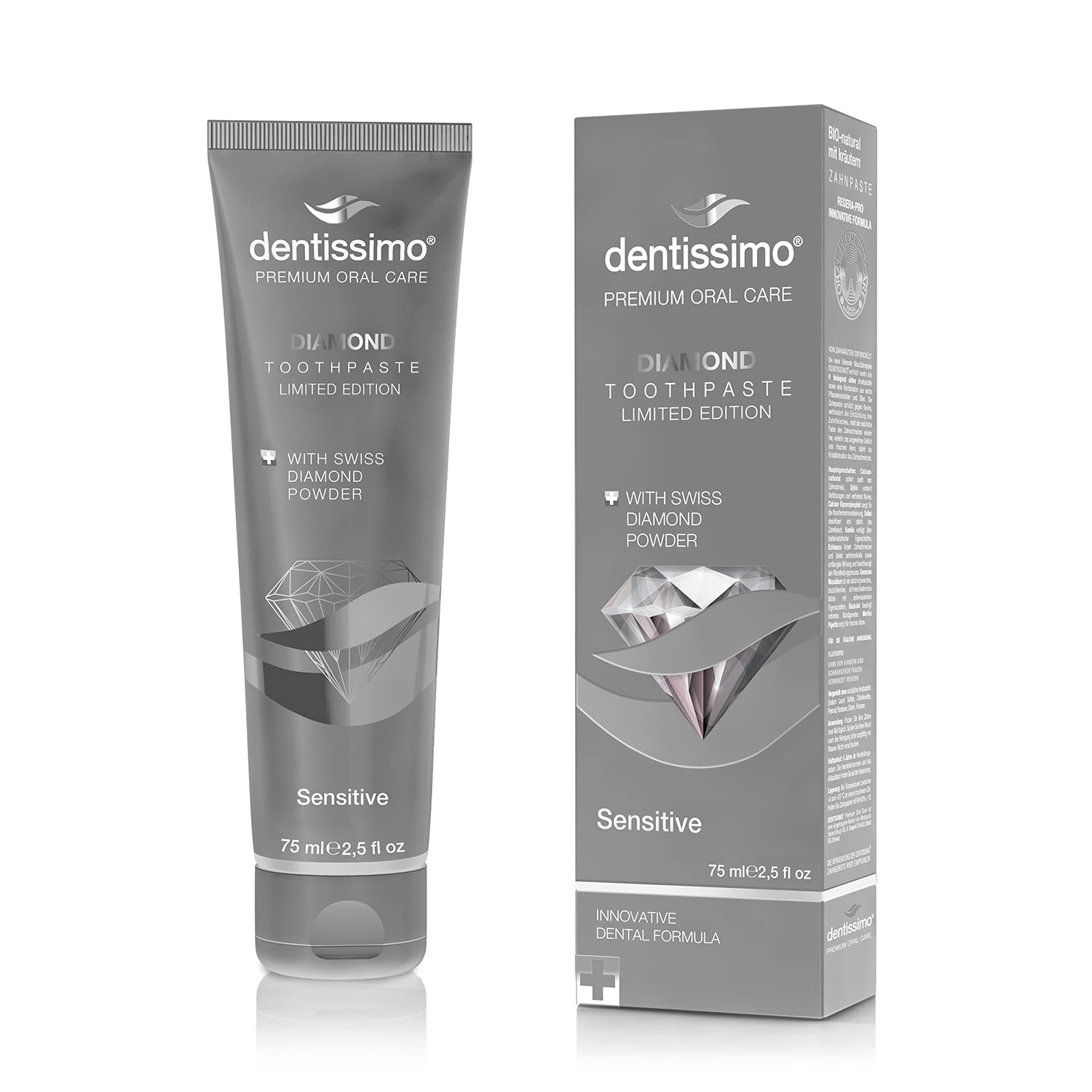 Dentissimo Premium Diamond Toothpaste for Sensitive Teeth with Swiss Diamond Powder Helps Restores Natural White Colour of Tooth Enamel, Contains Vitamin E for Healthy Teeth & Gums - 75ml