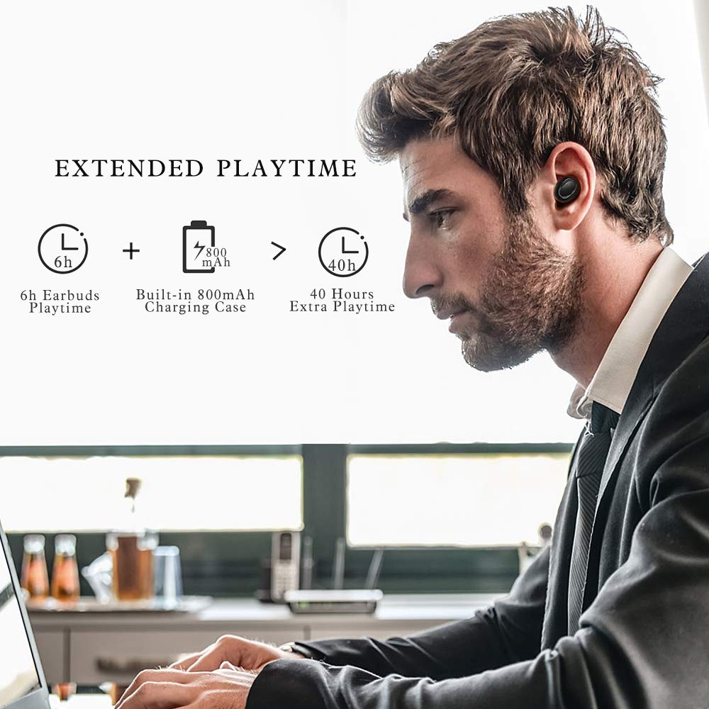 True Wireless Earbuds Bluetooth 5.0 with Leather Charging Case, Barsone Deep Bass HiFi Stereo in-Ear Earphones Waterproof Built-in Noise-Cancelling Mic for 40hours Extended Playtime