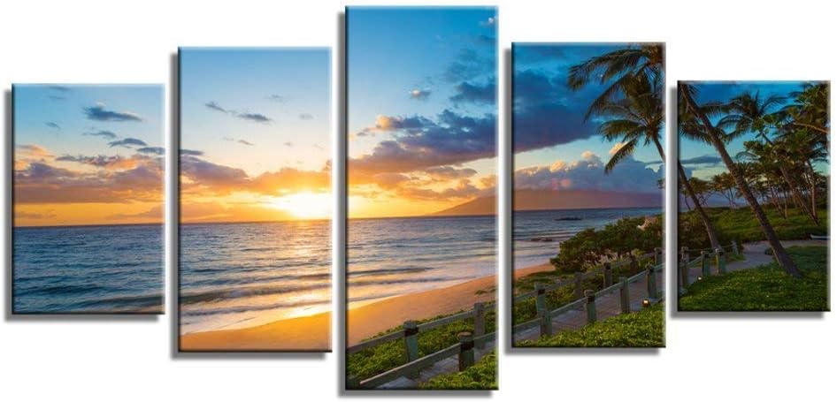 Wailea Beach Sea Sunset Palm Trees Wave Nature Scenery Canvas Wall Art Poster Prints on Canvas in 5 Panels Modern Home Office Living Room Decor, Stretched-Ready to Hang