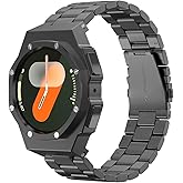 Luxury Case with Band Designed for Samsung Galaxy Watch 7 44mm 2024, Rugged Military Protective Metal Bumper Cover with Tactical Stainless Steel Strap for Men