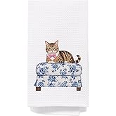 SPBL&L Cat Kitchen Towels, Cat Dish Towels Tea Towels for Kitchen, Cat Gifts for Cat Lovers Women, Cat Mom Gifts, Blue and White Chinoiserie Decor Hand Towels for Bathroom, 16x24 Inches