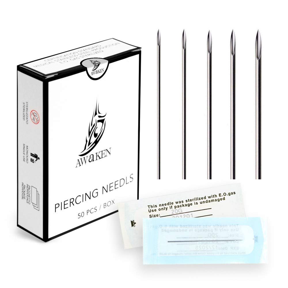 AWAKEN Needles Body Piercing Sterile EO Gas Disposable for Nose Ear Navel Tongue Tattoo Accessories 50 Pcs(12G)