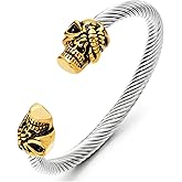 COOLSTEELANDBEYOND Skull-Head Cable Cuff Bracelet for Men Stainless Steel Twisted Wire Bangle Gold Gothic Skull Caps