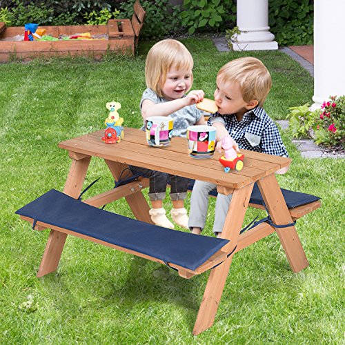 Costzon Kids Picnic Table, Solid Wood Bench Set up to 4 Seat, Unfinished - Choose Your Favorite Finish Color- Children Play Table Outdoor Garden Yard w/Padded Cushions (Best Paint For Pine Picnic Table)