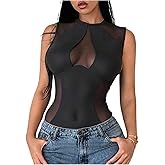 SHENHE Women's Sexy Mesh Sheer Bodysuit Sleeveless Slim Fit Going Out Tank Top Bodysuit