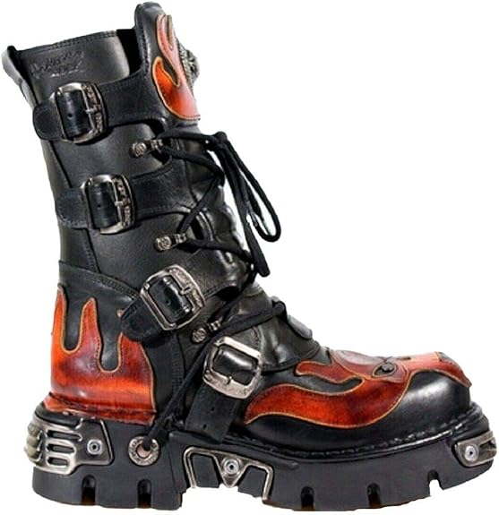 Newrock New Rock 107-S1 Roja Skull Diablo Botas de Cuero Negras Motorista Botas de Rock Gótico