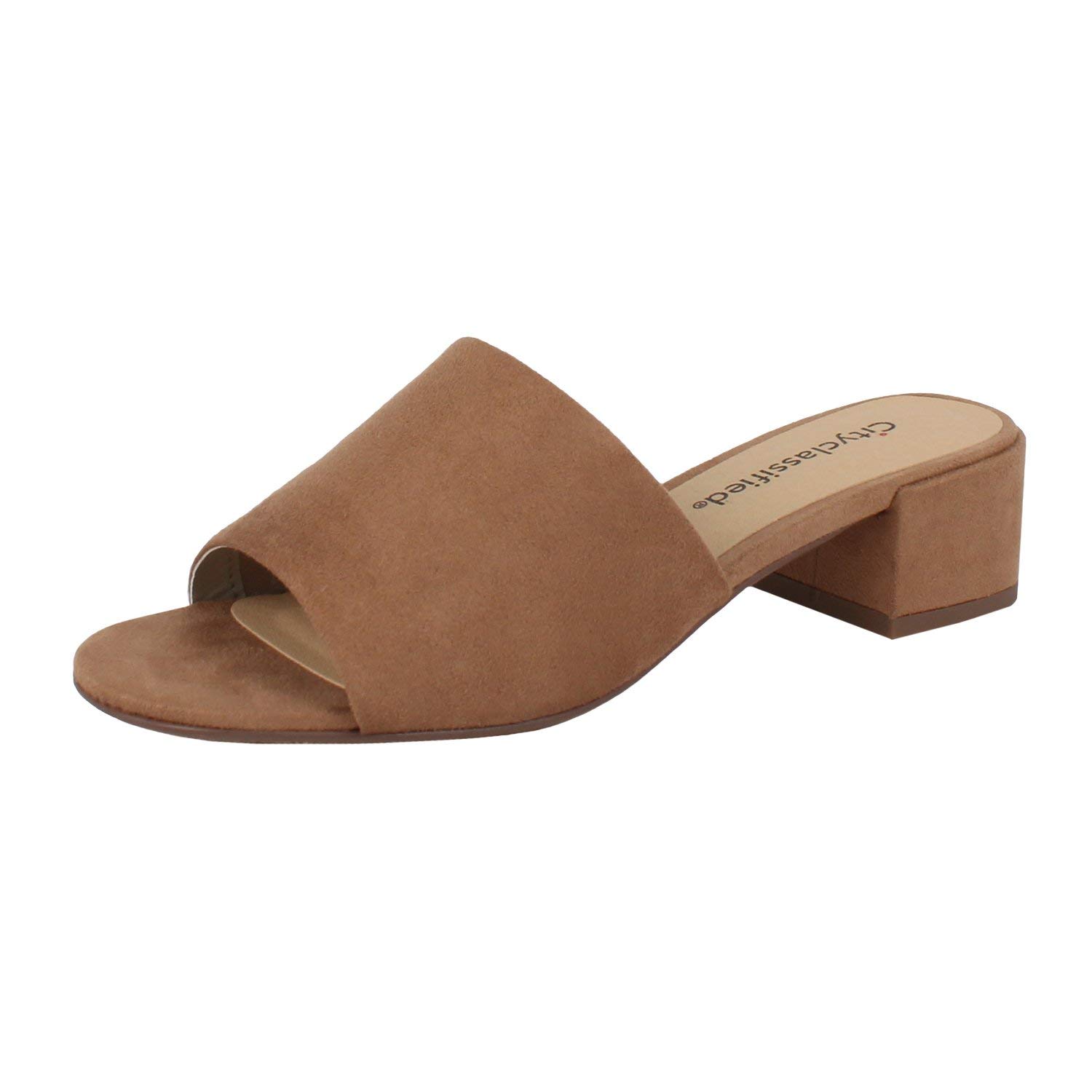 City Classified Women's Open Toe Chunky Heel Suede Slide Sandals MVE Shoes mve Shoes Watson tan Size 6