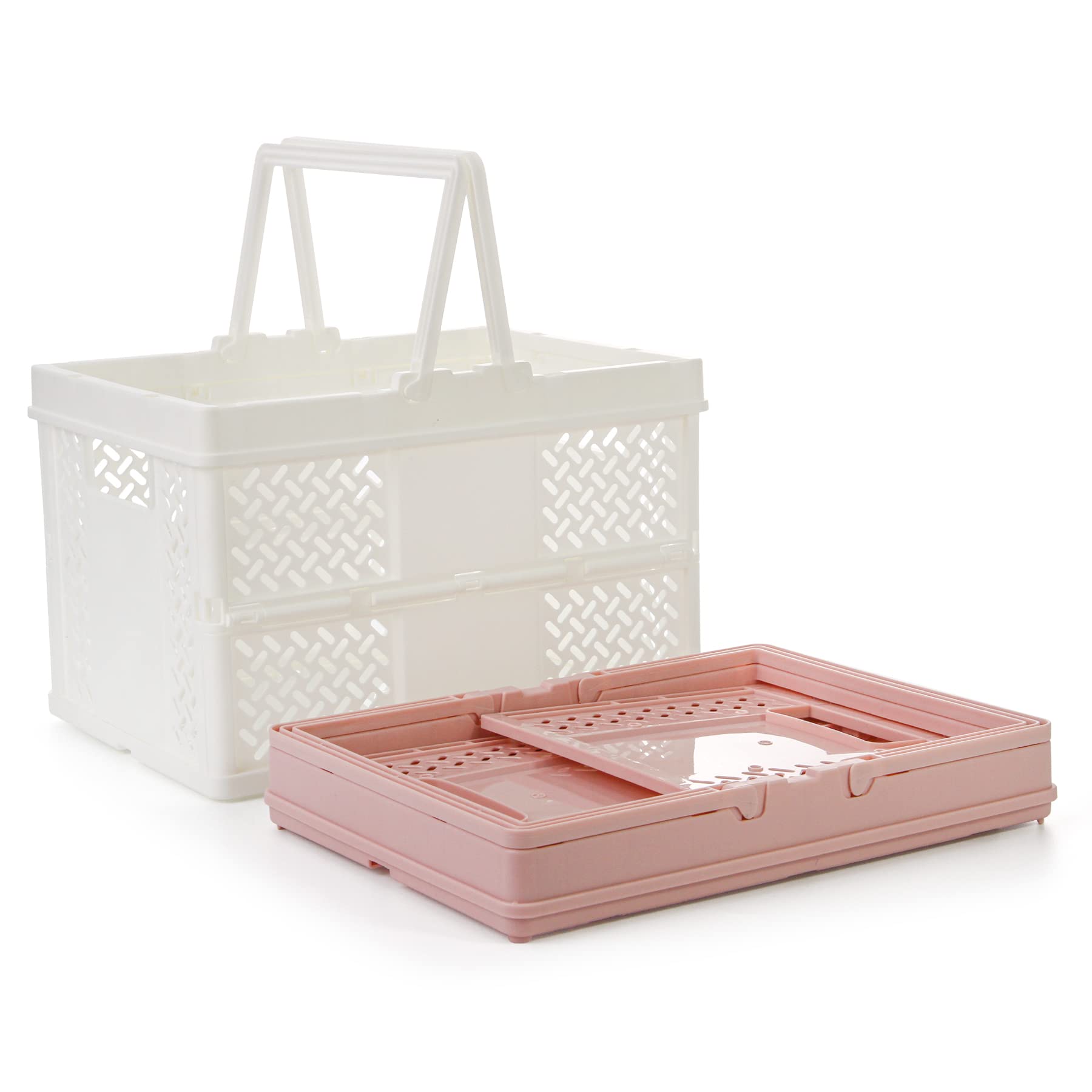 Spesh 2 Pcs Collapsible Storage Crates 24cm*18cm Mini Foldable Kid Shopping Baskets with Handles Small Plastic Crates for Picnic,Shopping,Camping(White+Pink)