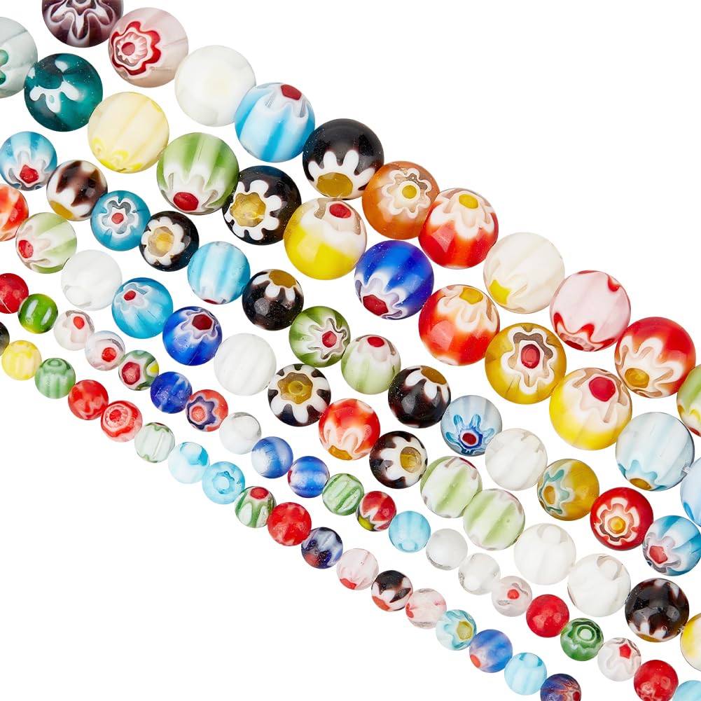 OLYCRAFT About 212~218 Pcs Handmade Flower Millefiori Lampwork Glass Beads 4mm 6mm 8mmm Round Glass Flower Beads 1mm Hole Loose Mixed Color Mosaic Beads for Jewelry Bracelet Necklace Making DIY Craft