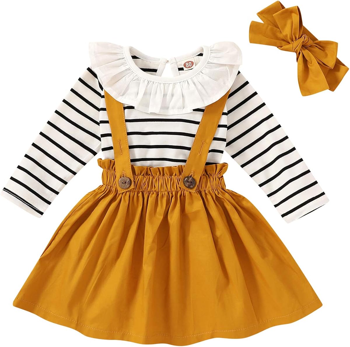 Toddler Girls 3pcs Black White Stripes Floral Ruffle Tops Jumpsuit + Suspender Skirt Set