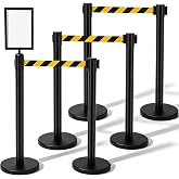 Geelin 6 Pack Crowd Control Stanchions Barriers, 9.8ft, Black Yellow | Metal line dividers, with Retractable Belt and Sign Holder, Queue Management, Safety Barrier Post, Easy Assembly