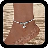 Andelaisi Boho Beads Ankle Bracelet Vintage Spiral Coin Dangle Ankle Chain White Rice Beaded Bracelet Acrylic Bead Foot Chain Jewelry for Women