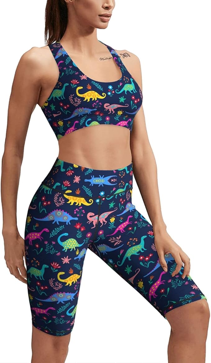 Dinosaur Seamless Yoga Outfits Sports Bra Set for Women Workout