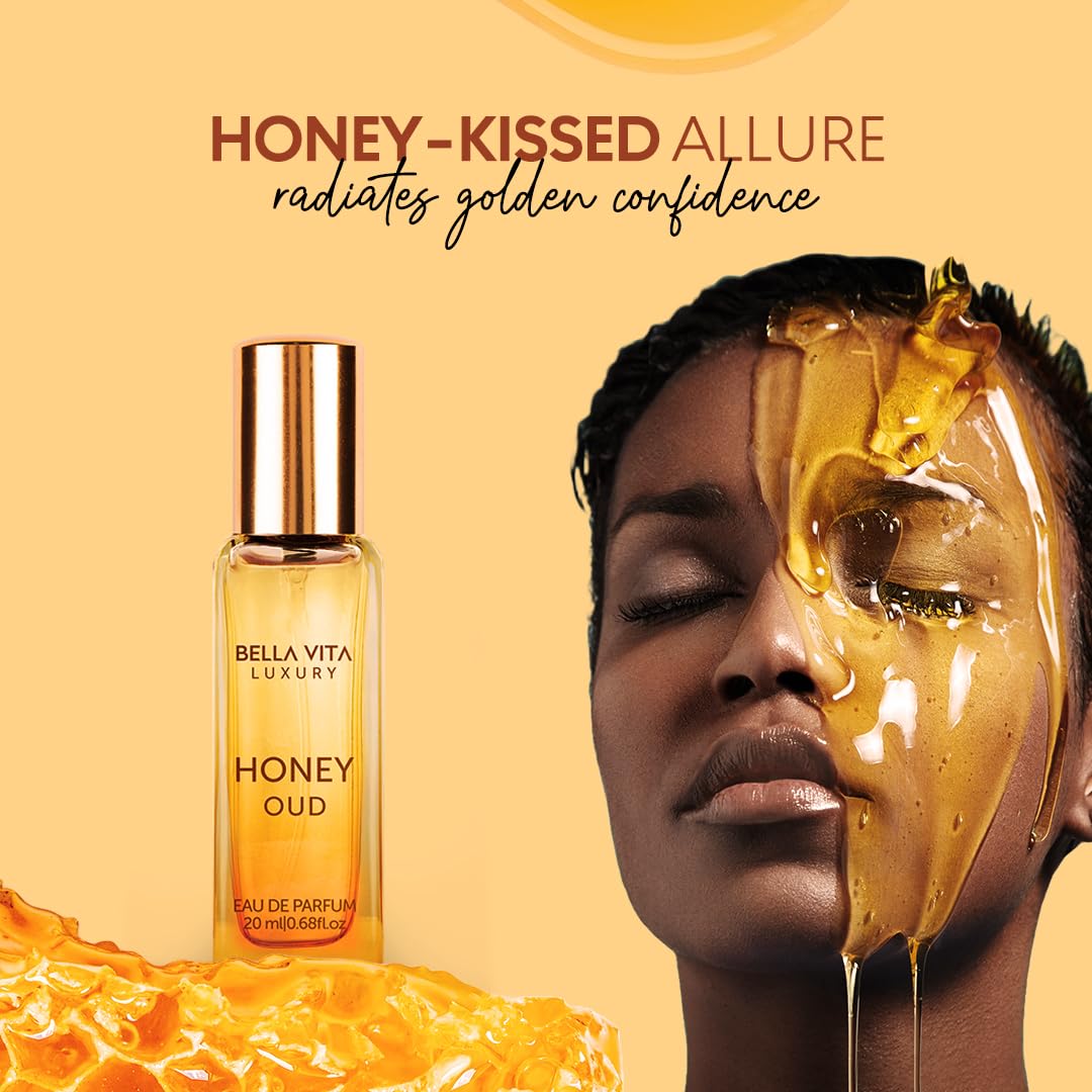 BellaVita Luxury Honey OUD Eau de Parfum Travel Size Edition 20 ml | Long-Lasting Mini Perfumes for Women | Notes: Patchouli, Vanilla, Bergamot & Spicy Notes | Pocket Perfume for Women | Vegan Perfume
