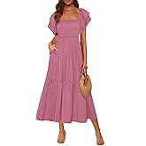 MASCOMODA Womens Summer Casual Midi Dress Square Neck Ruffle Short Sleeve Smocked High Waist A Line Wedding Guest Dresses