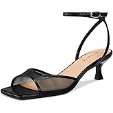 ISNOM Womens Mesh Kitten Heels Sandals Square Toe Ankle Buckle Strap Low Heels Comfort Summer Dress Shoes