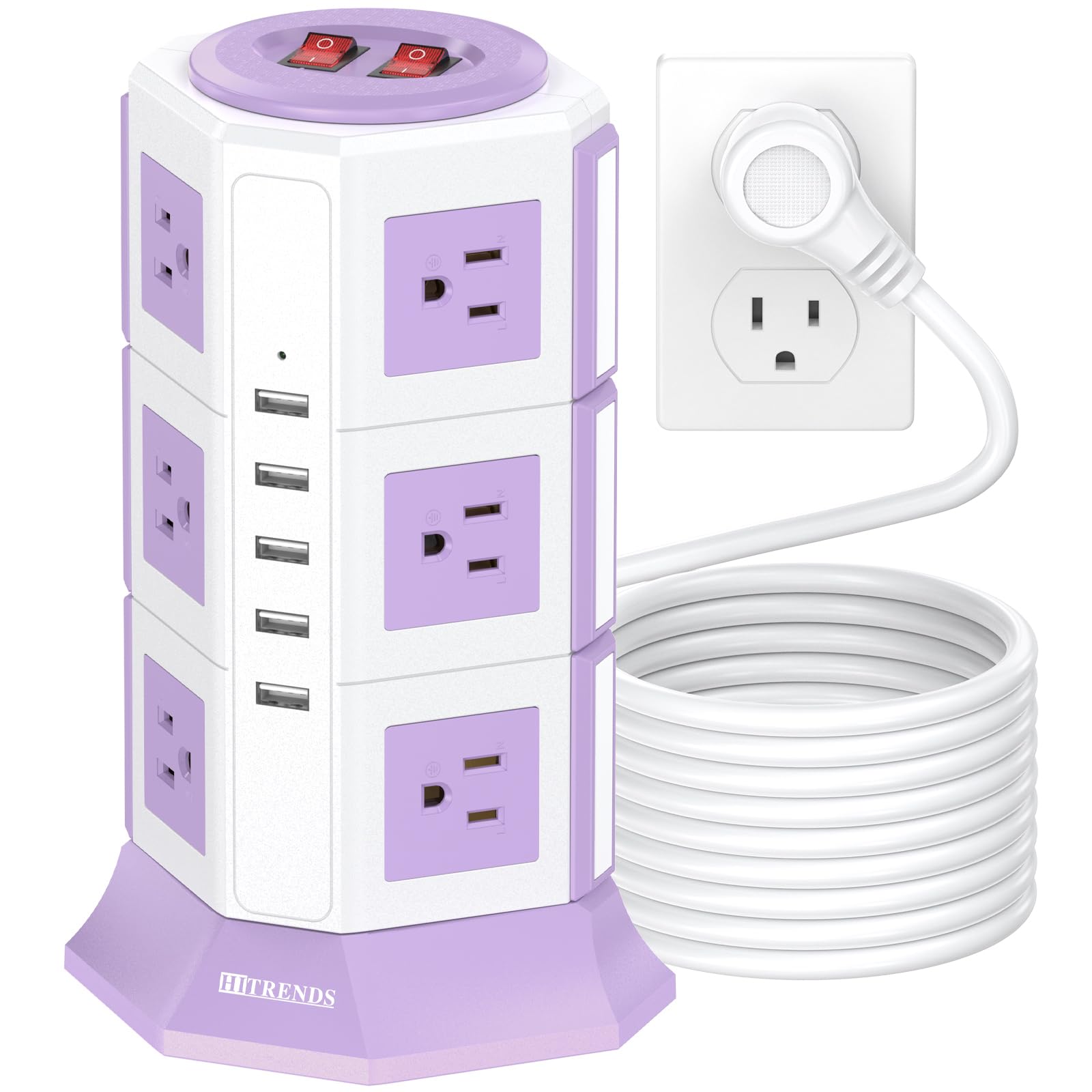 Purple Tower Power Strip with Overload Protection | HITRENDS 12 AC Outlets + 5 USB Ports | 16AWG/ 15 Ft Extension Cord with Multiple Outlets | Space-Saving Design for Office & Home(1625W, 1050J)