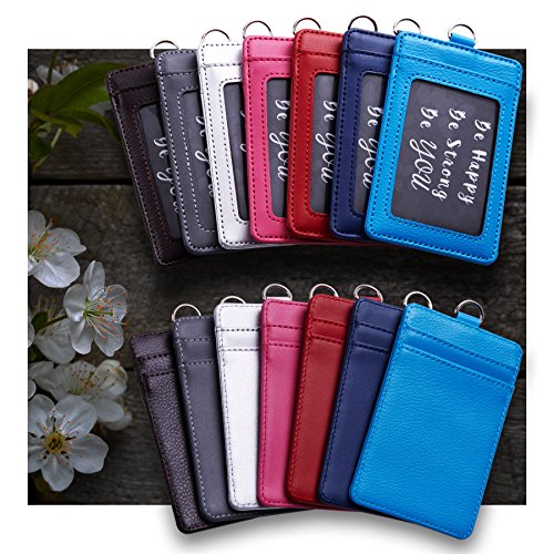 Genuine Leather ID Badge Holder Wallet with Heavy Duty Carabiner Retractable Reel, Key Ring and Metal Clip, 3 Card Pockets. Holds Multiple Cards & Keys. Key Chain Flashlight. Vertical. Carolina Blue