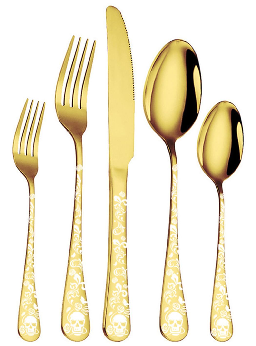 XIAOYU 5 Piece Skull Pattern Silverware Set, Stainless Steel Flatware Set, Gothic Unique Skeleton and Flower Pattern Design, Perfect for Halloween Easter and Christmas, Gold