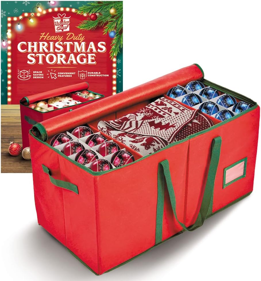 Holiday Décor Storage - Holiday Cheer Premium Christmas Ornament Storage – Christmas Storage Container Perfect for Holiday Decorations and Ornament Storage Box – Fits 128 Holiday Ornaments – Tear-Proof Fabric