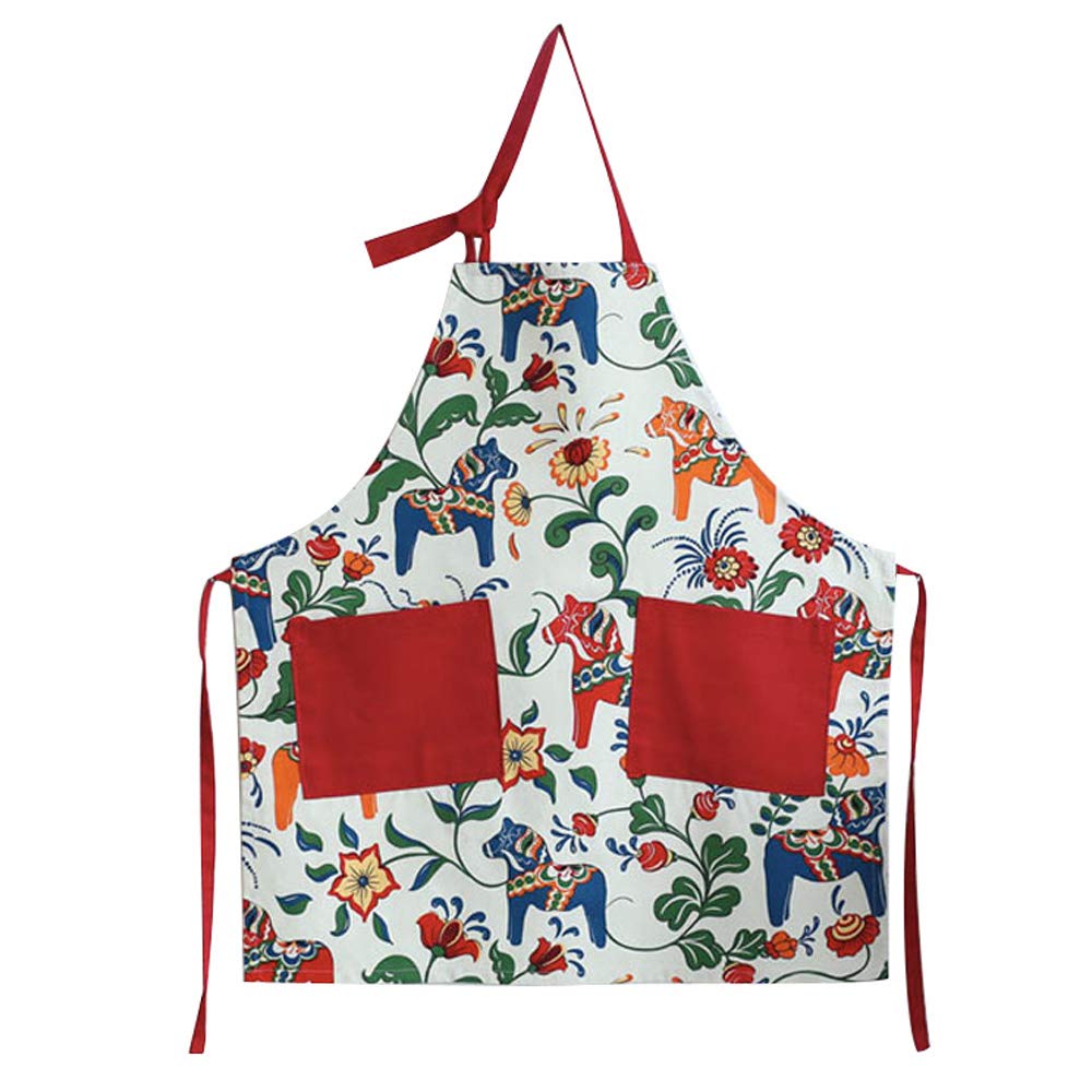 Love Potato Cute Cartoon Dala Horse Design Adjustable Kitchen Cooking Apron for Women with 2 Pockets, Red