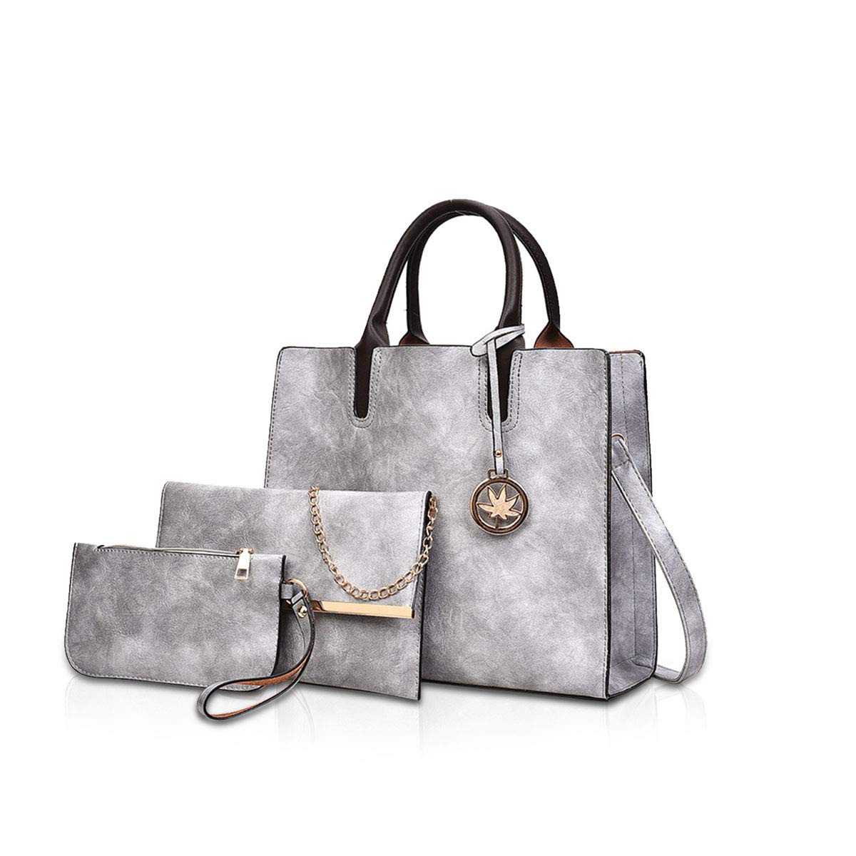 NICOLE&DORIS Women Handbags 3 Pieces Leather Handbag for Ladies Leather Totes + Crossbody+Wristlet Gray