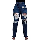 HugeNice Women's Wide Leg Jeans Casual Mid Rise Stretchy Straight Leg Denim Pants