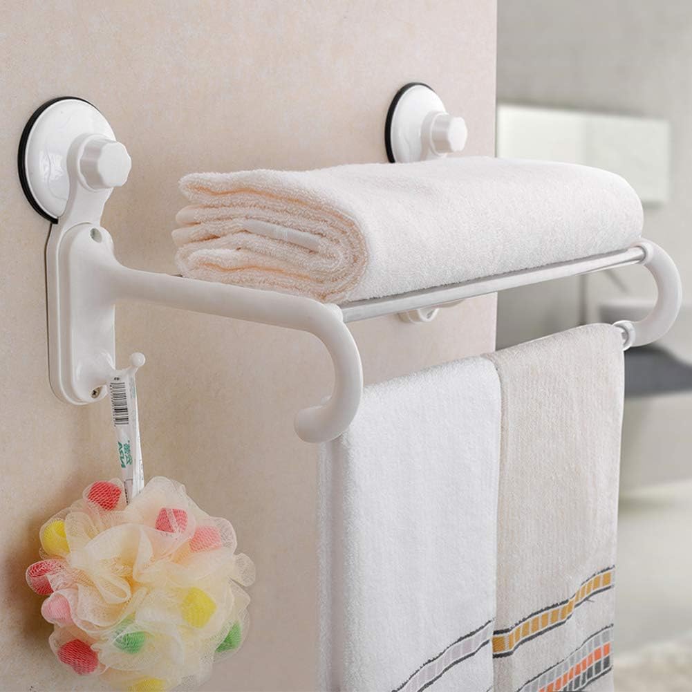 SHOPPOWORLD Medium Size Towel Stand with 5 Crossbars, 2 Hooks Hanger Rack with Magic Suction Cup (White)
