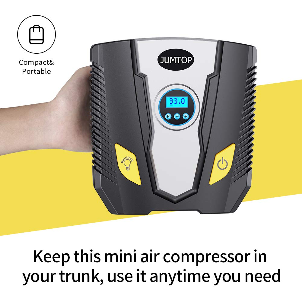 JUMTOP Compresseur d\'Air Portatif 12V/150PSI,Gonfleur Pneus Voiture, Gonfleur de Pneu avec l‘Affichage Numérique LCD, Pratique pour Gonfler le Pneu de Voiture/ Bicyclette/ Moto, Lampe LED Intégrée.