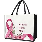 Breast Cancer Gifts Tote Bags for Women, Nobody Fights Alone Canvas Tote Bag, Cancer Awareness Gifts for Women Chemo Patients Breast Cancer Survivors, Reusable Grocery Beach Bag Shopping Handbag -04