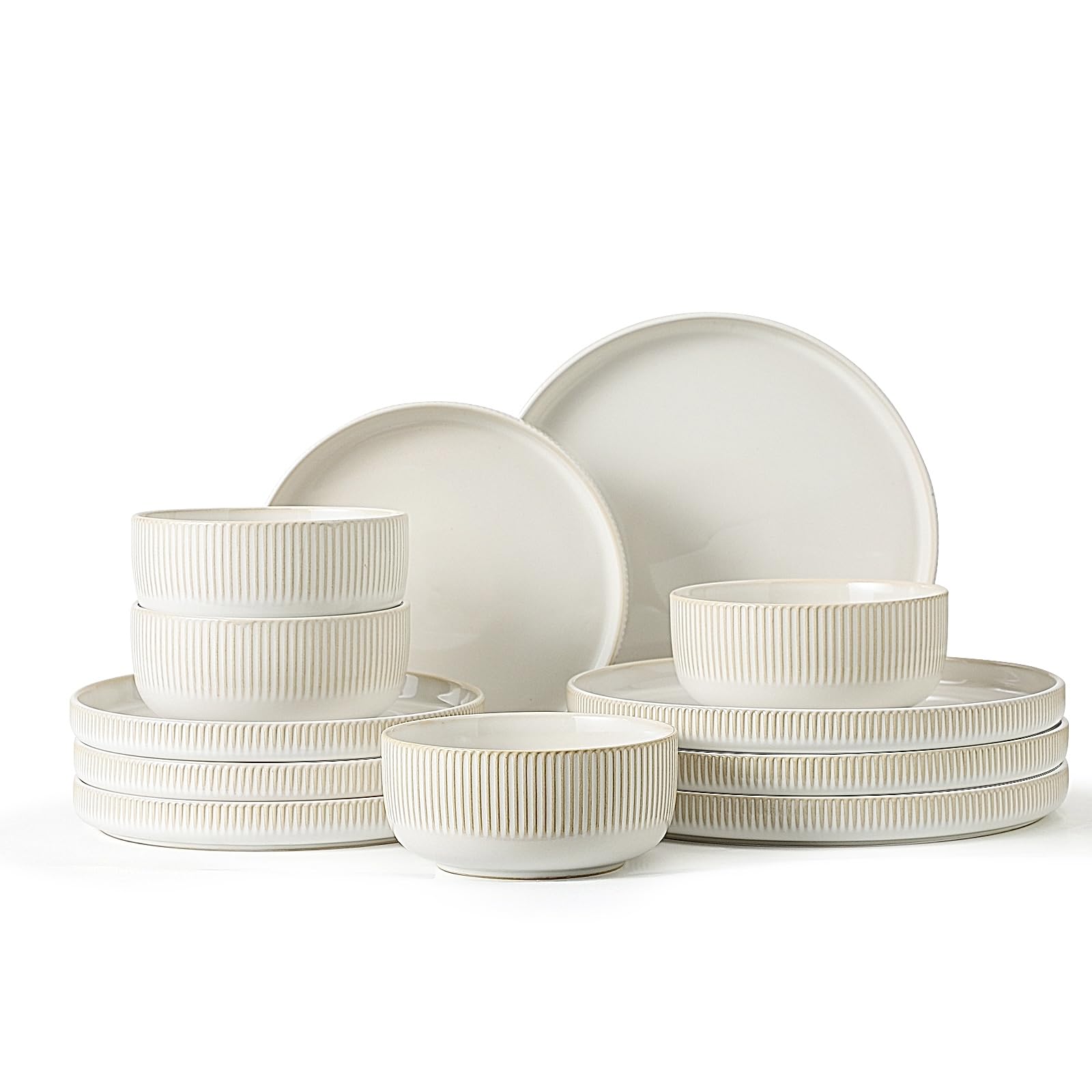 Photo 1 of Frewinky Stoneware Dinnerware Sets for 4,12 Piece Kitchen Plates and Bowls Set,Reactive Glaze Porcelain Dinnerware Sets Scratch Resistant,Dishwasher and Microwave Safe,Vintage White
