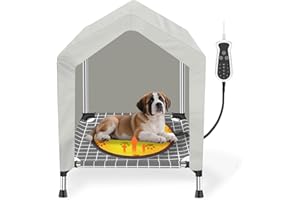 DOPLIV Heated Elevated Dog House for Small Dogs - with 9-Level Adjustable Heating Pad, Timer Function, Raised Off-Ground Design for Ventilation & Anti-Moisture, Keep Pets Warm in Winter Cold​