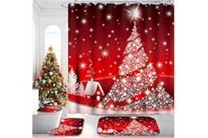 Poedist Christmas Bathroom Set Decor,Christmas Shower Curtain Sets with Rugs(Bath Mat,U Shape & Toilet Lid Cover Mat),with 12 Hooks,Shiny Christmas Tree