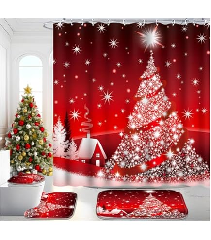 Nature Shower Curtain Christmas Red Vintage Truck Shower Curtain, Rustic Retro Farmhoue Xmas Tree Holiday Fabric Fun Shower Curtains For Bathroom
