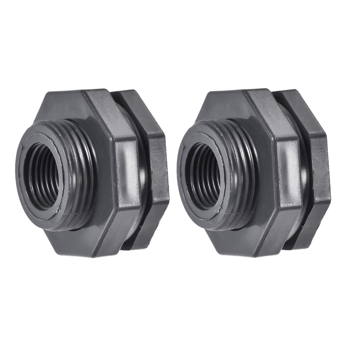 sourcing map Bulkhead Fitting, G1/2 Female, Tube Adaptor Pipe Fitting with Silicone Gasket, for Water Tanks, PVC, Gray, Pack of 2