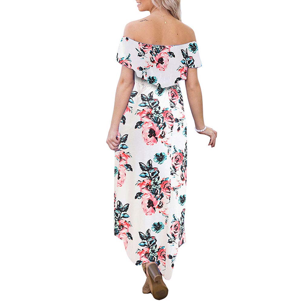 Womens Floral Off Shoulder Dresses - Summer Casual High Waist Slit Long Maxi Dress White
