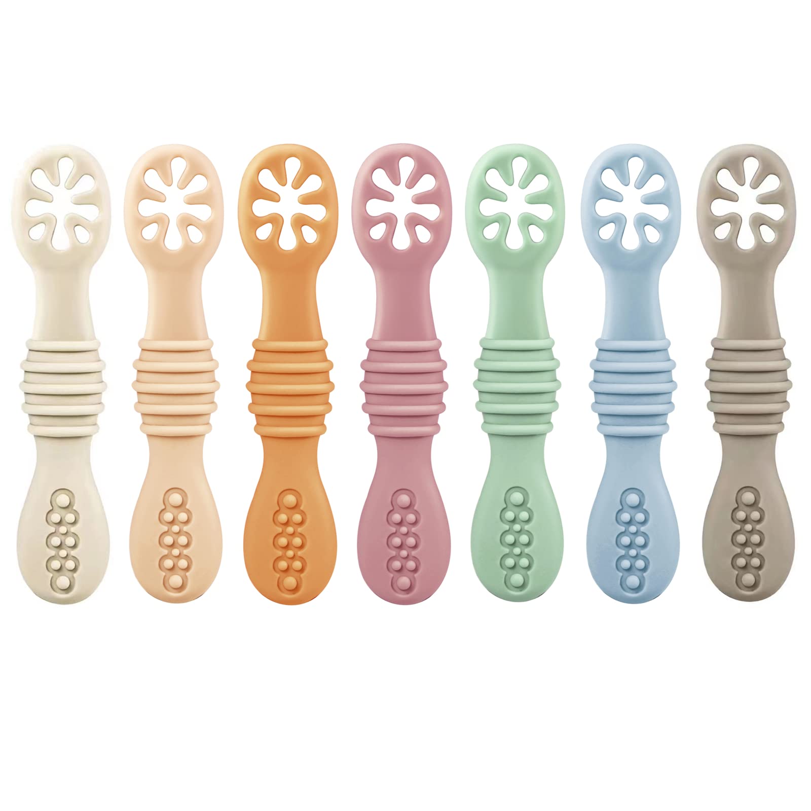 PandaEar 7 Pack Silicone Weaning Spoons - Self Feeding Toddler Spoons for 4-6 Months, Baby Led Weaning