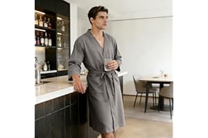 Waffle Weave Robe for Men - Lightweight Quick Dry Bathrobe, Soft Breathable Loungewear with Pockets (Grey)